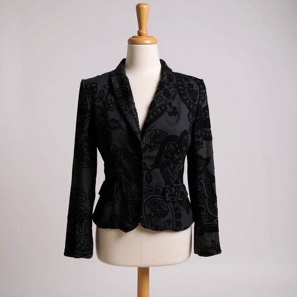 ECI Top Sz 8 Black Silk Velvet Burnout Jacket Floral 2 Button Y2K Whimsigoth - Picture 1 of 14